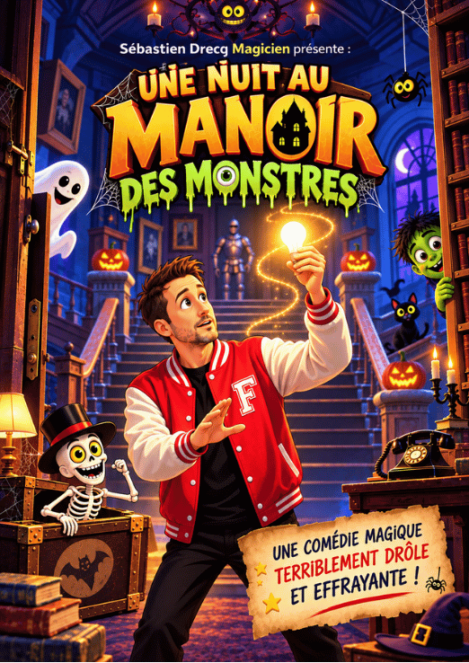 Une nuit au manoir des monstres::<i class="fa fa-magic" aria-hidden="true" style="color:#ff8a00;font-size:30px;background-color:#FFFFFF;border-radius:30px;padding:10px;"></i><br/>Freddy se retrouve enfermé dans un manoir plein de monstres. Une comédie magique terriblement drôle et effrayante de 6 à 12